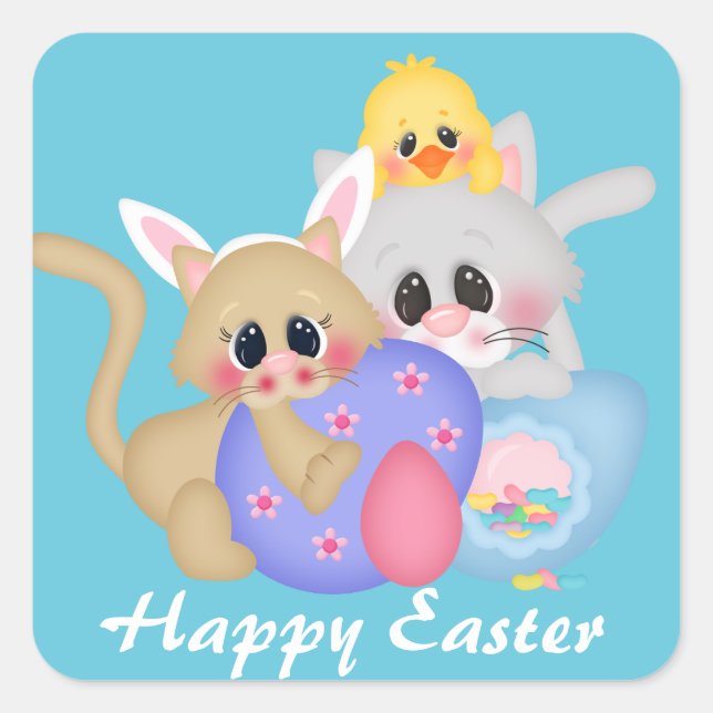 Cuadrada Gatos de Pascua y pegatina de Fiesta de Chick (Anverso)