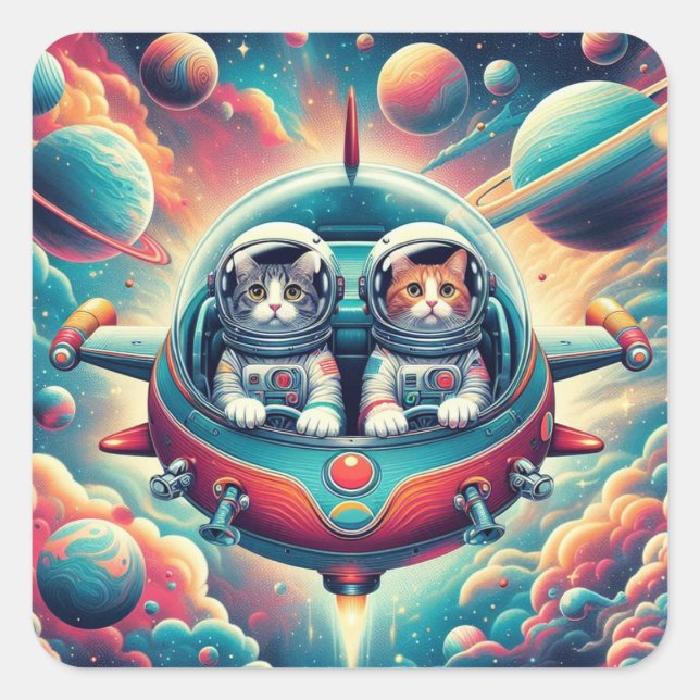 Cuadrada ¡Gatos en el pegatina espacial! (Anverso)