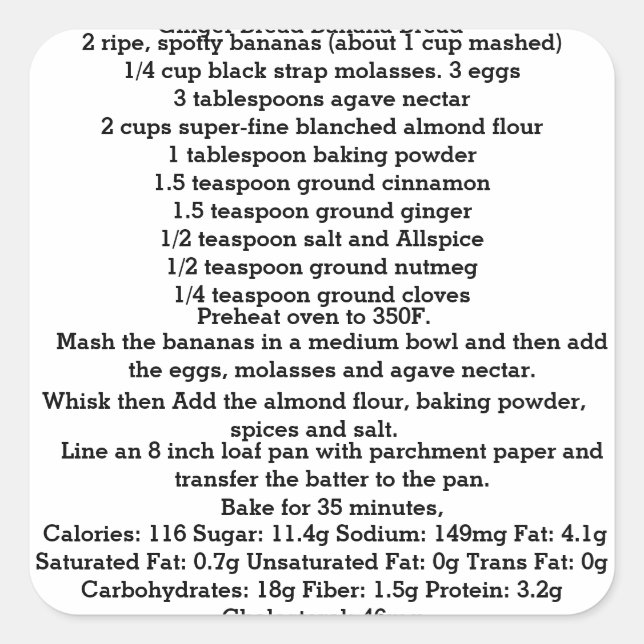 Cuadrada Ginger Banana Bread Gluten Free Square Pegatina (Anverso)