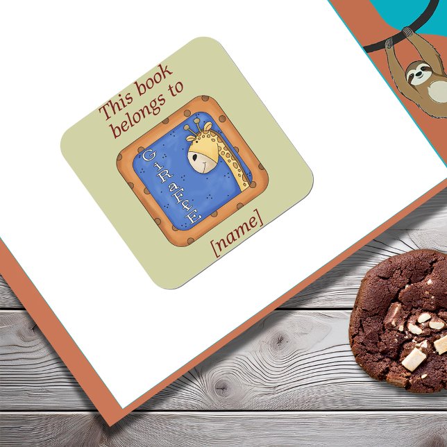 Cuadrada Giraffe Este Libro Pertenece Al Pegatina De La Lib (Giraffe This Book Belongs To Bookplate Sticker)