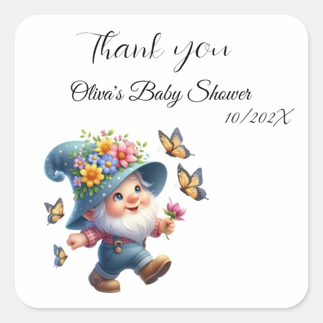 Cuadrada Gnome lindo con Pegatina de Baby Shower mariposa (Anverso)
