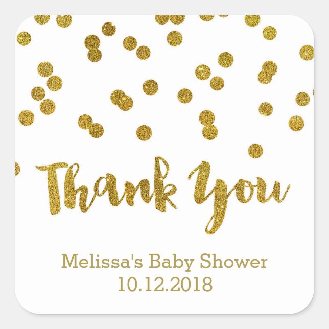 Cuadrada Gold Confetti Baby Shower Gracias Pegatina (Anverso)
