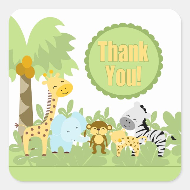 Cuadrada ¡Gracias Pegatina de Baby Shower Jungle Square! (Anverso)