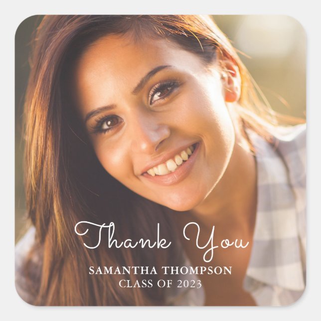 Cuadrada Graduación simple de fotos Gracias Pegatina cuadra (Anverso)