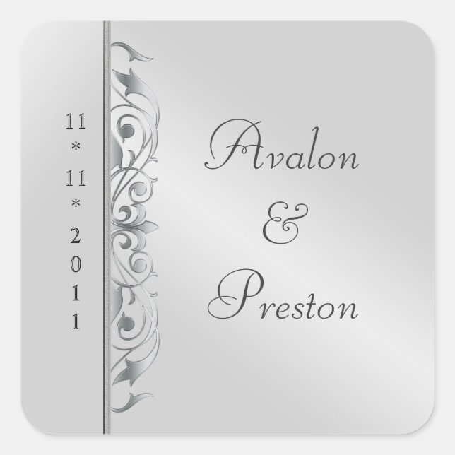 Cuadrada Gran Duquesa Silver Scroll Save The Date Pegatina (Anverso)