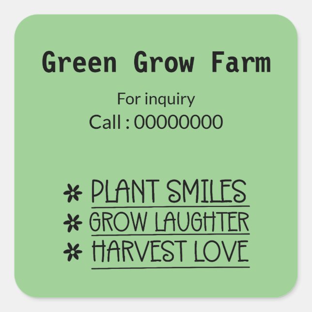 Cuadrada Granja de cultivo verde Contacto no pegatina de co (Anverso)