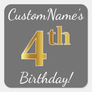 Cuadrada Gris, Faux Gold 4º cumpleaños + Pegatina de nombre
