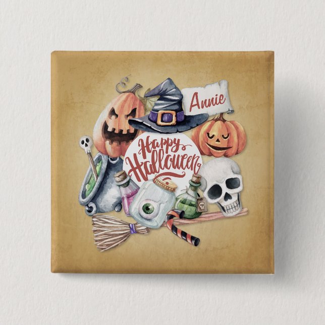 Cuadrada Halloween Feliz de Vintage personalizado | Chapa (Anverso)