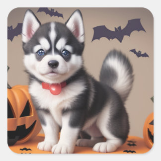 Cuadrada Halloween Husky Puppy pegatina