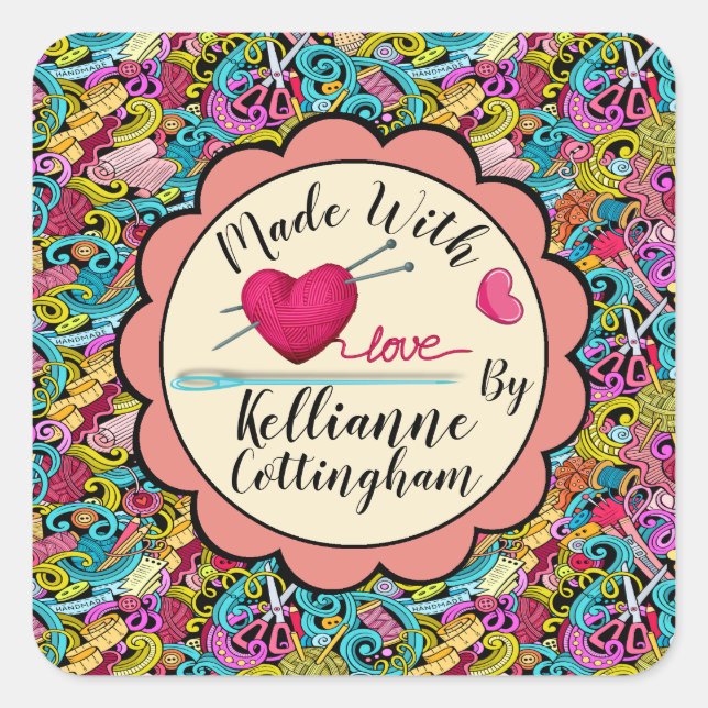 Cuadrada Hand Made with Love Pegatina (Anverso)