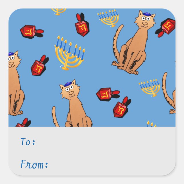 Cuadrada Hanukkah Cat Dreidel Blue Gift Pegatina (Anverso)