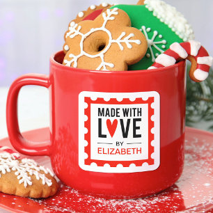 Cuadrada Hecho con amor Pegatina del corazón rojo