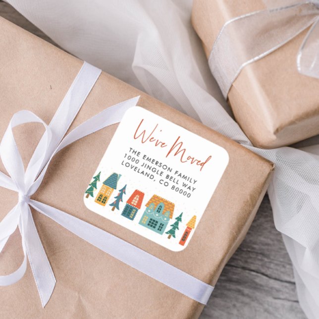 Cuadrada Hemos mudado al Pegatina de vacaciones (We've Moved Holiday Retro Houses Envelope Seal)