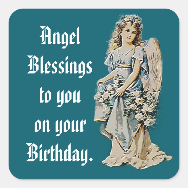 Cuadrada Hermoso ángel con flores pegatina de cumpleaños cu (Anverso)