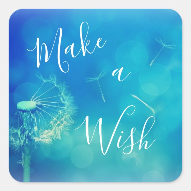 Cuadrada Hermoso Pegatina azul Make a Wish Lucky Dandelion (Anverso)