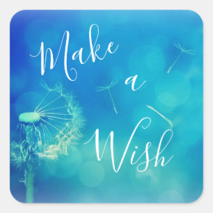 Cuadrada Hermoso Pegatina azul Make a Wish Lucky Dandelion
