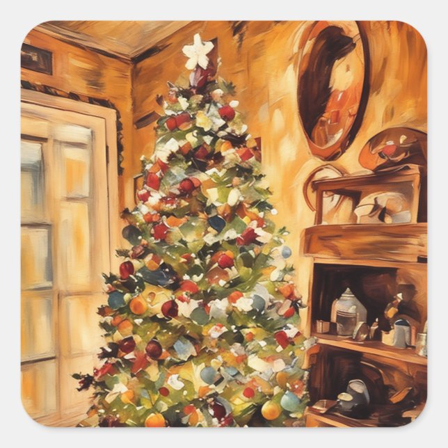 Cuadrada Hermoso Pegatina de árbol de Navidad (Anverso)
