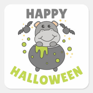 Cuadrada Hippo Feliz Halloween Cauldron Bat Square Pegatina