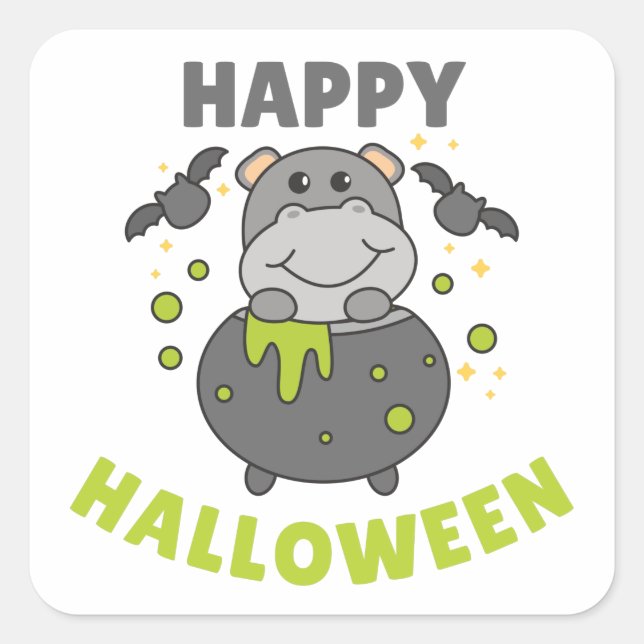 Cuadrada Hippo Feliz Halloween Cauldron Bat Square Pegatina (Anverso)