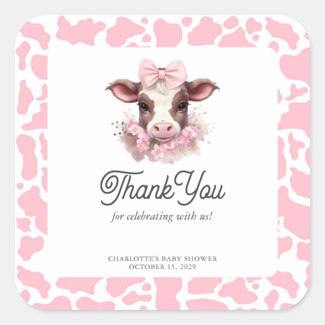 Cuadrada Holy Cow Pink Boho Baby Shower Gracias Pegatina (Anverso)