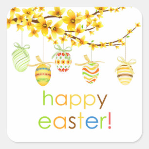 Cuadrada Huevos de Pascua, Forsythia Branch Easter Pegatina