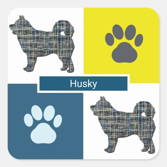 Cuadrada Husky Dog & Paw Y&B Pegatina de Grid Square (Anverso)