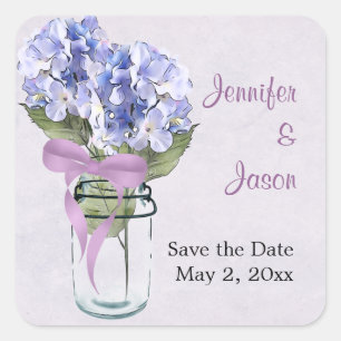 Cuadrada Hydrangea en un Mason Jar - Save the Date Pegatina