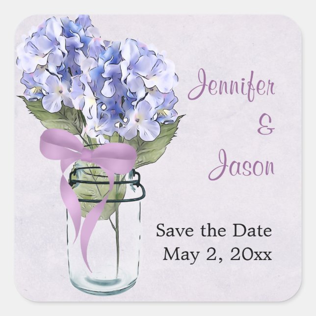 Cuadrada Hydrangea en un Mason Jar - Save the Date Pegatina (Anverso)