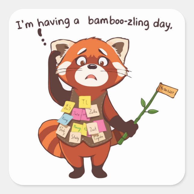 Cuadrada Ilustracion olvidadizo Pegatina panda rojo (Anverso)