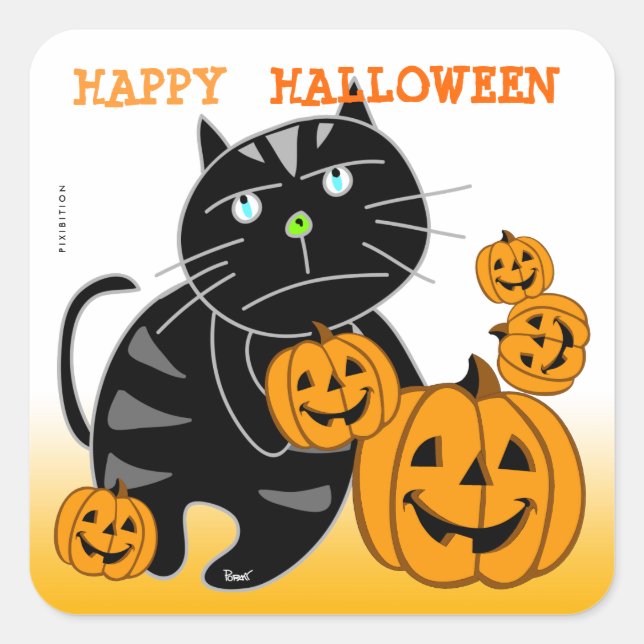 Cuadrada Jack O Lantern Halloween Pegatina Black Cat 2 (Anverso)