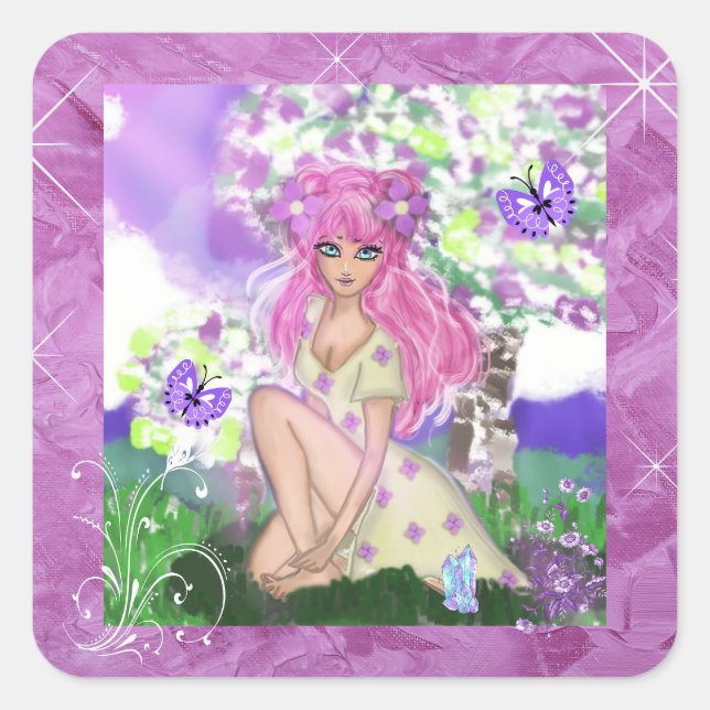 Cuadrada Joven Chica sentado con Pegatina de mariposas (Anverso)