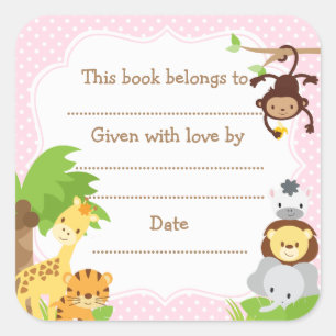 Cuadrada Jungle Baby Shower Bookplate pegatina rosa