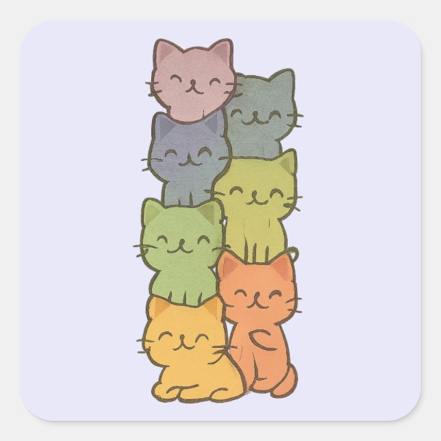 Cuadrada Kawaii Cat Stack Watercolor Pastel Pegatina (Anverso)