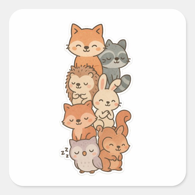 Cuadrada Kawaii Woodland, un Pegatina durmiente (Anverso)