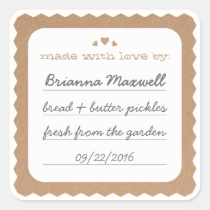Cuadrada Kraft Paper Hearts Food Gift Label Pegatina cuadra