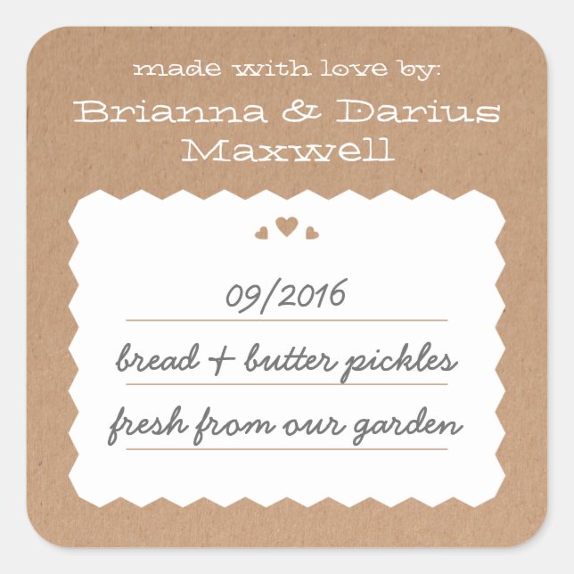 Cuadrada Kraft Paper Hearts Food Gift Label Pegatina cuadra (Anverso)