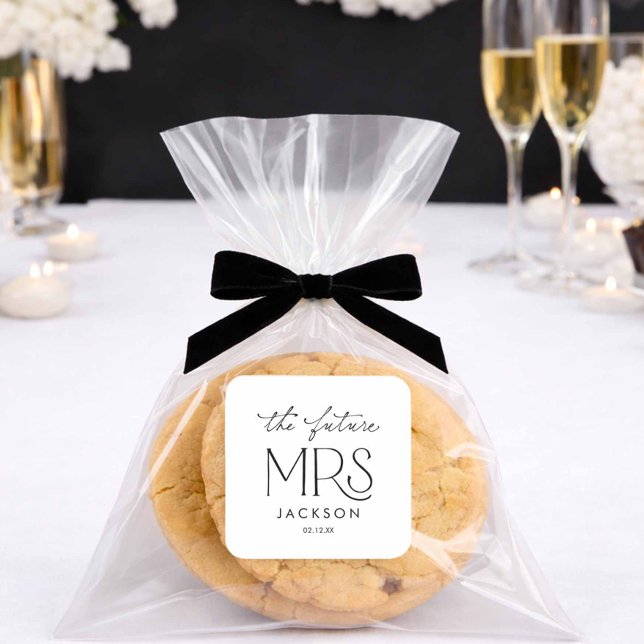 Cuadrada La futura Sra. Pegatina para despedida de soltera (The Future Mrs Bridal Shower Favor Sticker)