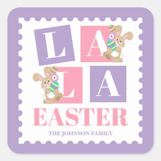 Cuadrada La La Easter Bunny Pegatina Pastel (Anverso)