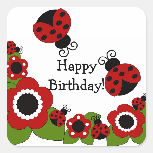 Cuadrada Ladybug Happy Birthday Square Pegatina (Anverso)
