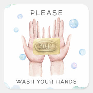 Cuadrada Lávate las manos   Pegatina de Ilustracion acuarel