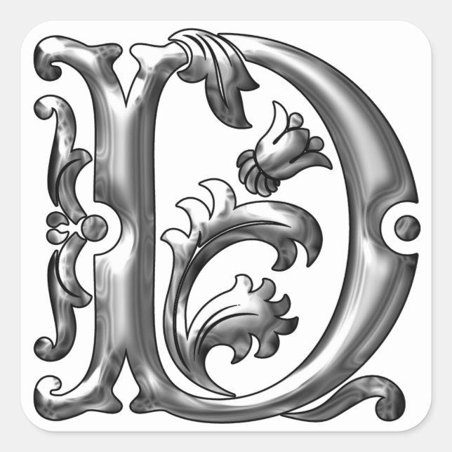 Cuadrada Letra D mayúscula inicial Pegatina en plata (Anverso)