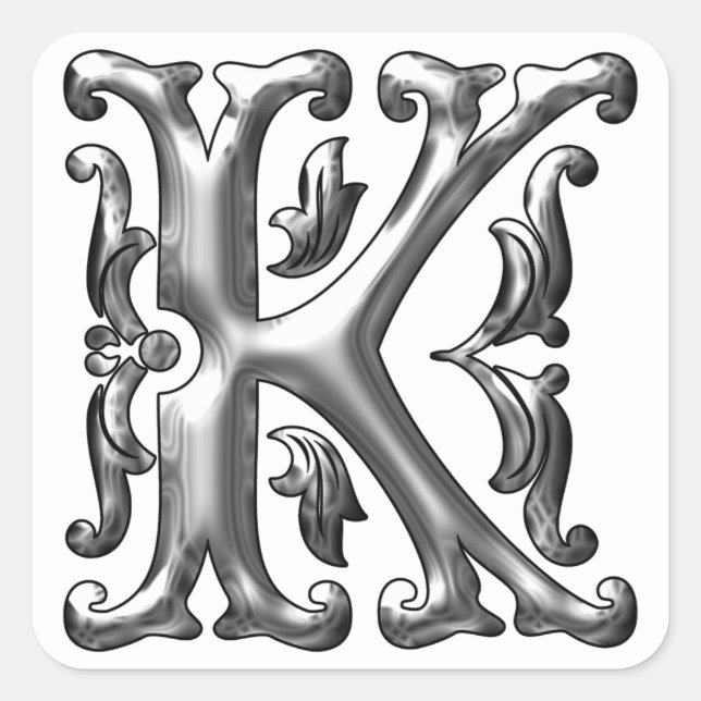 Cuadrada Letra K mayúscula inicial Pegatina en plata (Anverso)