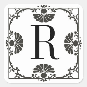 Cuadrada Letra monogramada Pegatina en blanco y negro R