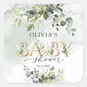 Cuadrada Letras doradas Boho eucalipto pegatina de Baby Sho