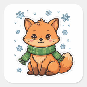 Cuadrada Lindo Zorro De Invierno Nieve Pegatina De Navidad