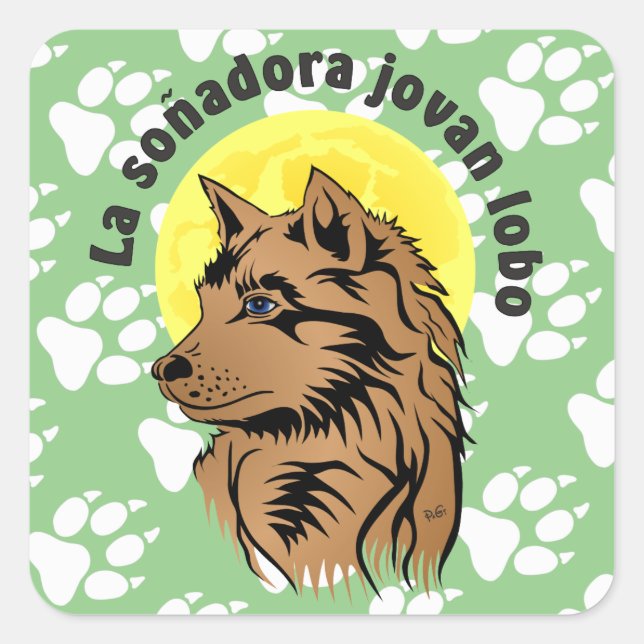 Cuadrada lobo joven pegatina soñando (Anverso)