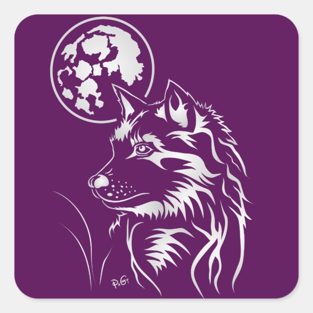 Cuadrada lobo joven pegatina soñando (Anverso)