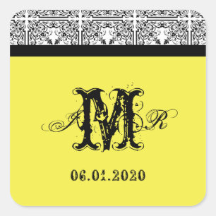 Cuadrada Luz de Damask en Pegatina de monograma amarillo li