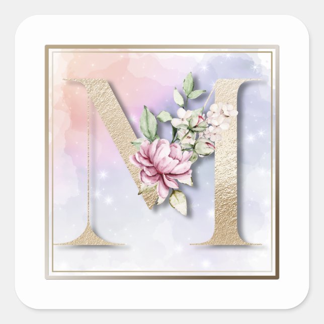 Cuadrada M Monograma Burgundy Pegatina de Plaza Floral (Anverso)