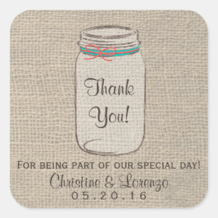Cuadrada Mason Jar Burlap Boda ruso Pegatina